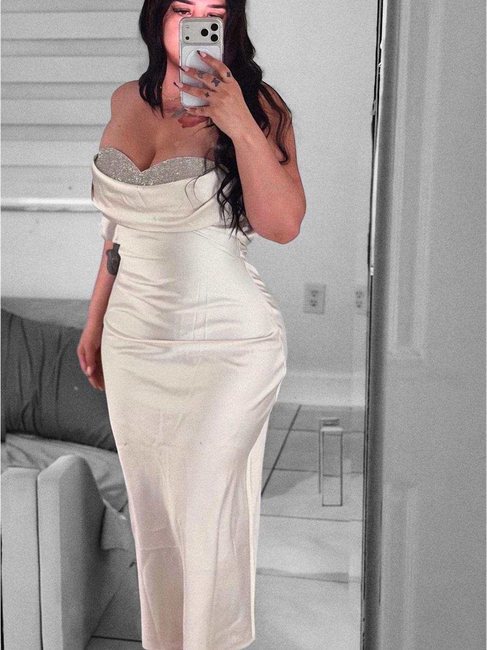 Elegant Off-Shoulder Ivory Satin Dress with Glitter Bodice